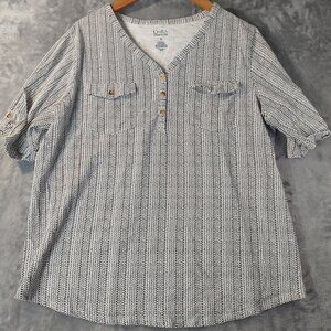 Croft and Barrow Womens Henley Top 1X Black White Print Roll Tab Sleeve Classic